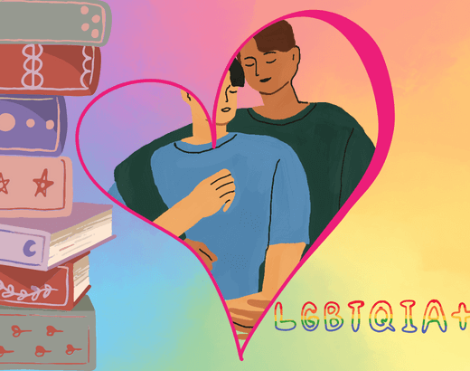 Livros LGBTQIA+ com ilustração colorida e uma imagem de um casal gay