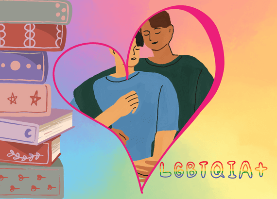 Livros LGBTQIA+ com ilustração colorida e uma imagem de um casal gay