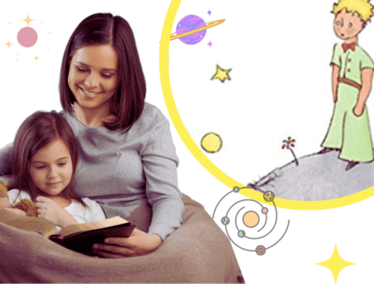 Mãe lendo o livro O Pequeno Príncipe para uma criança
