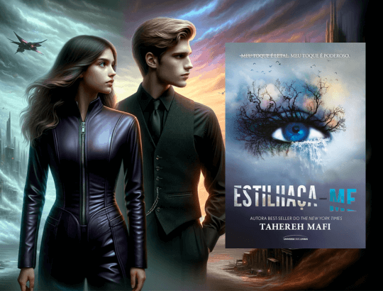 Juliette Ferrars e Aaron Warner em cenário distópico e a capa do primeiro book da ordem de leitura dos livros Estilhaça-me