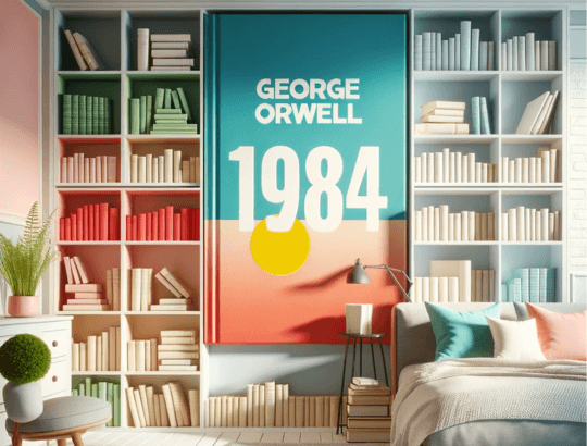 imagem com um quadro inspirado no livro 1984 de George Orwell. Ao fundo uma estante de livros com cores pasteis